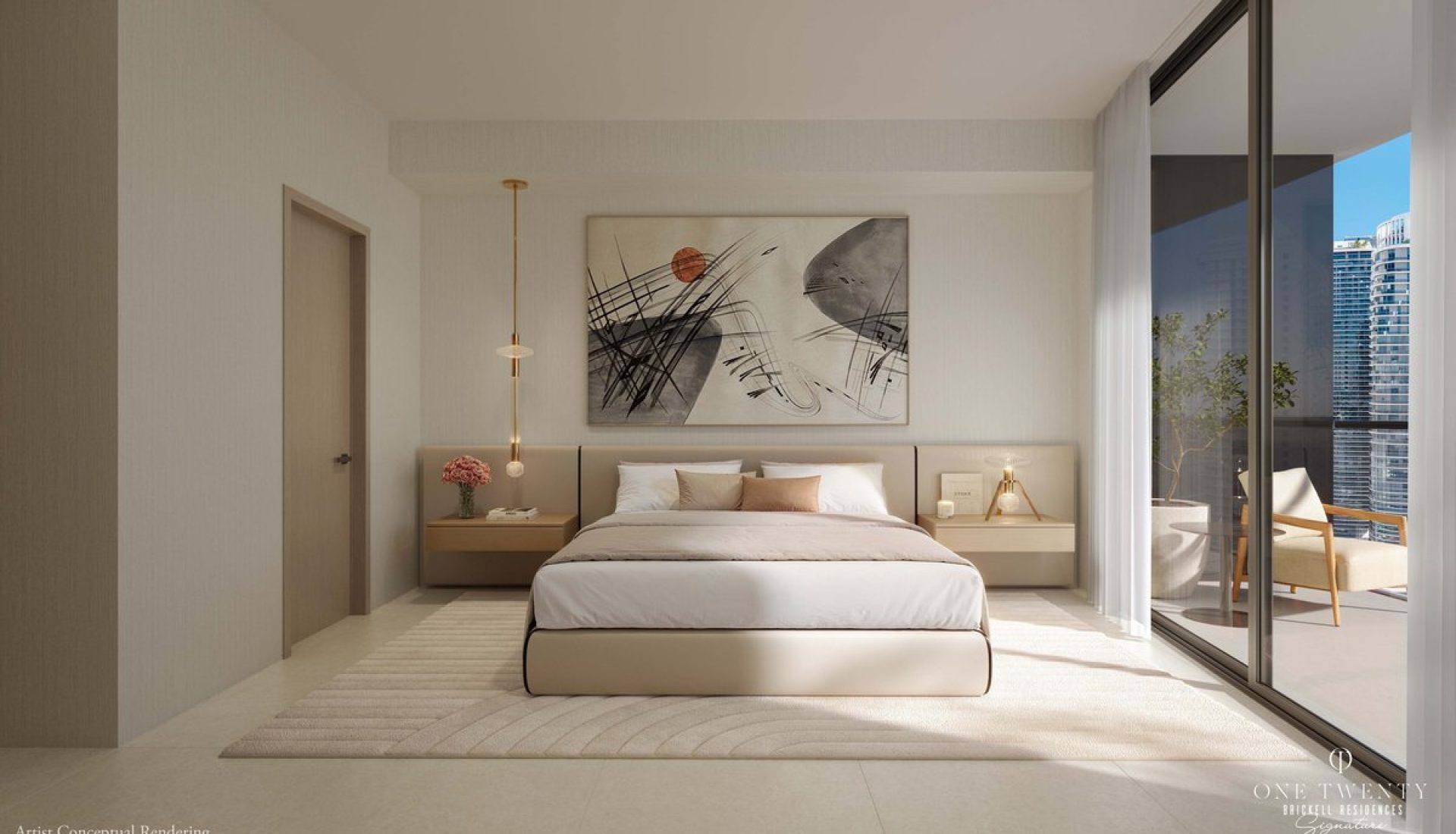 Neutral luxury bedroom with a king bed, twin nightstands, and a large abstract painting above the headboard, opening to a balcony with city views.