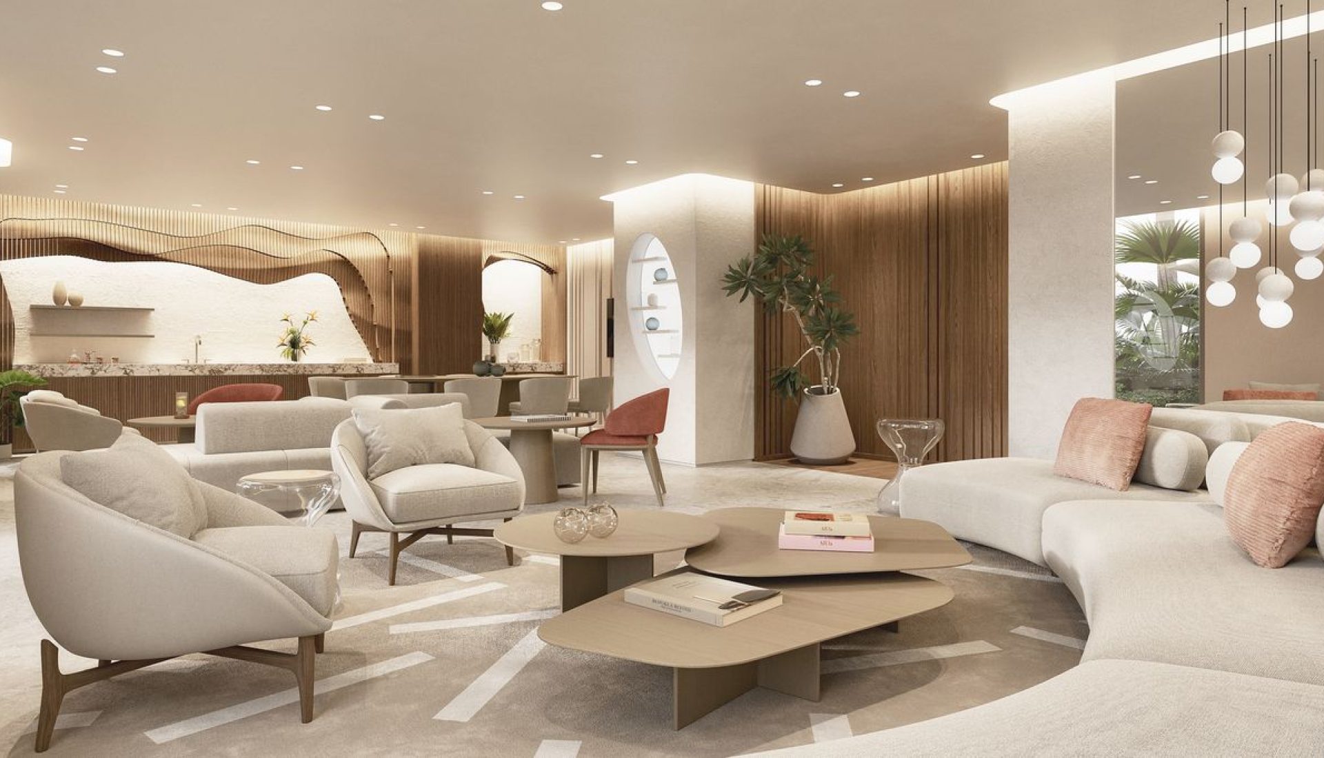 Modern hotel lobby with curved cream sofa, armchairs, and layered round coffee tables in warm wood tones.