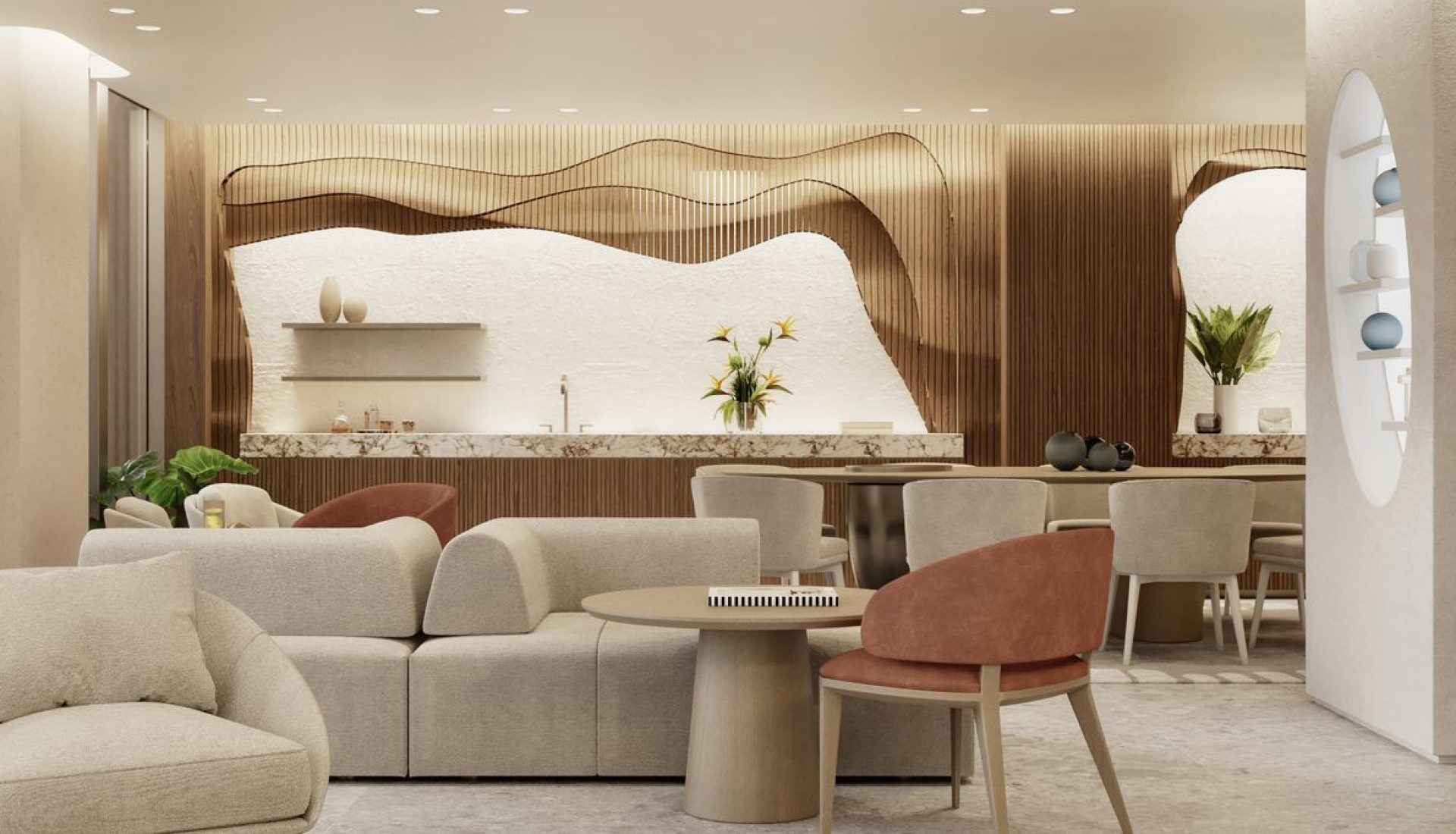 Open-concept lounge and kitchen with curved wooden wall paneling, marble countertop, and neutral furniture.