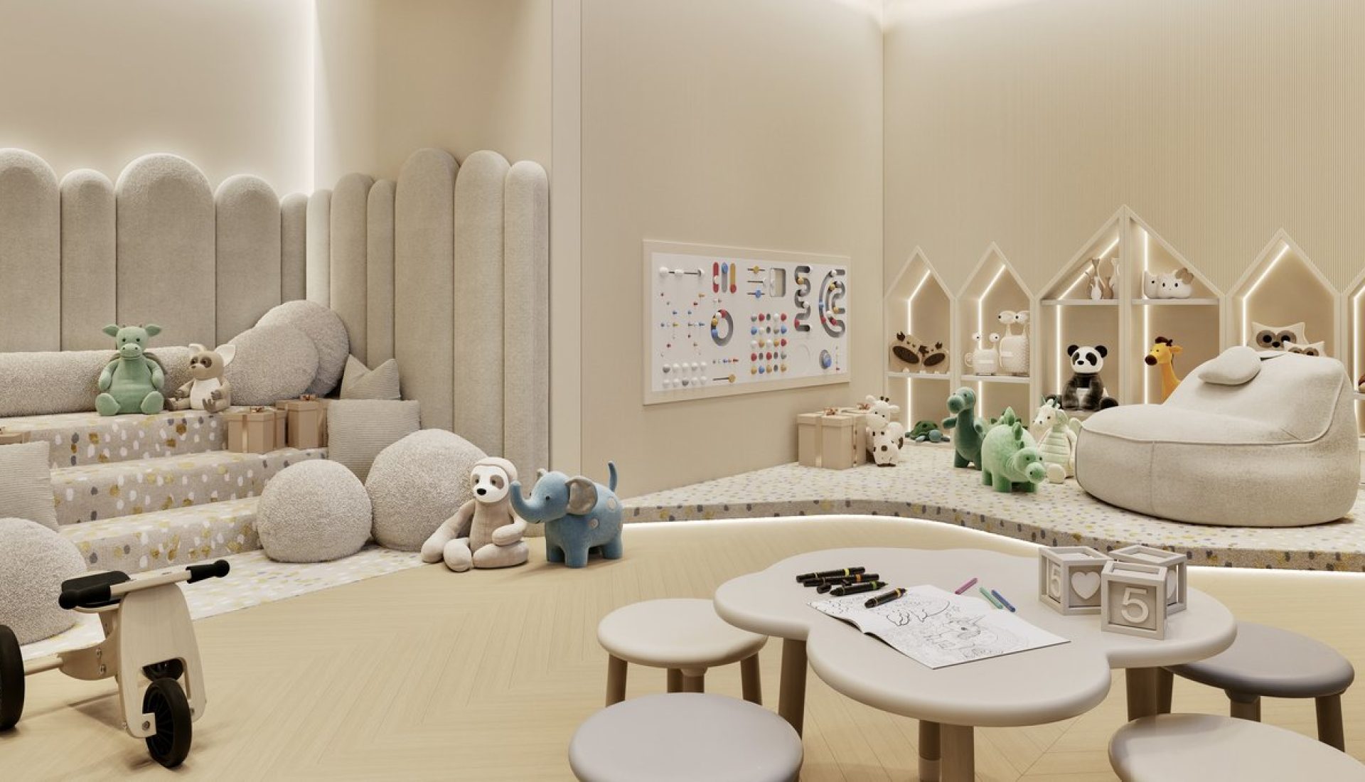 Cozy kids' playroom with plush seating, stuffed animals, and a round table for drawing and crafts.