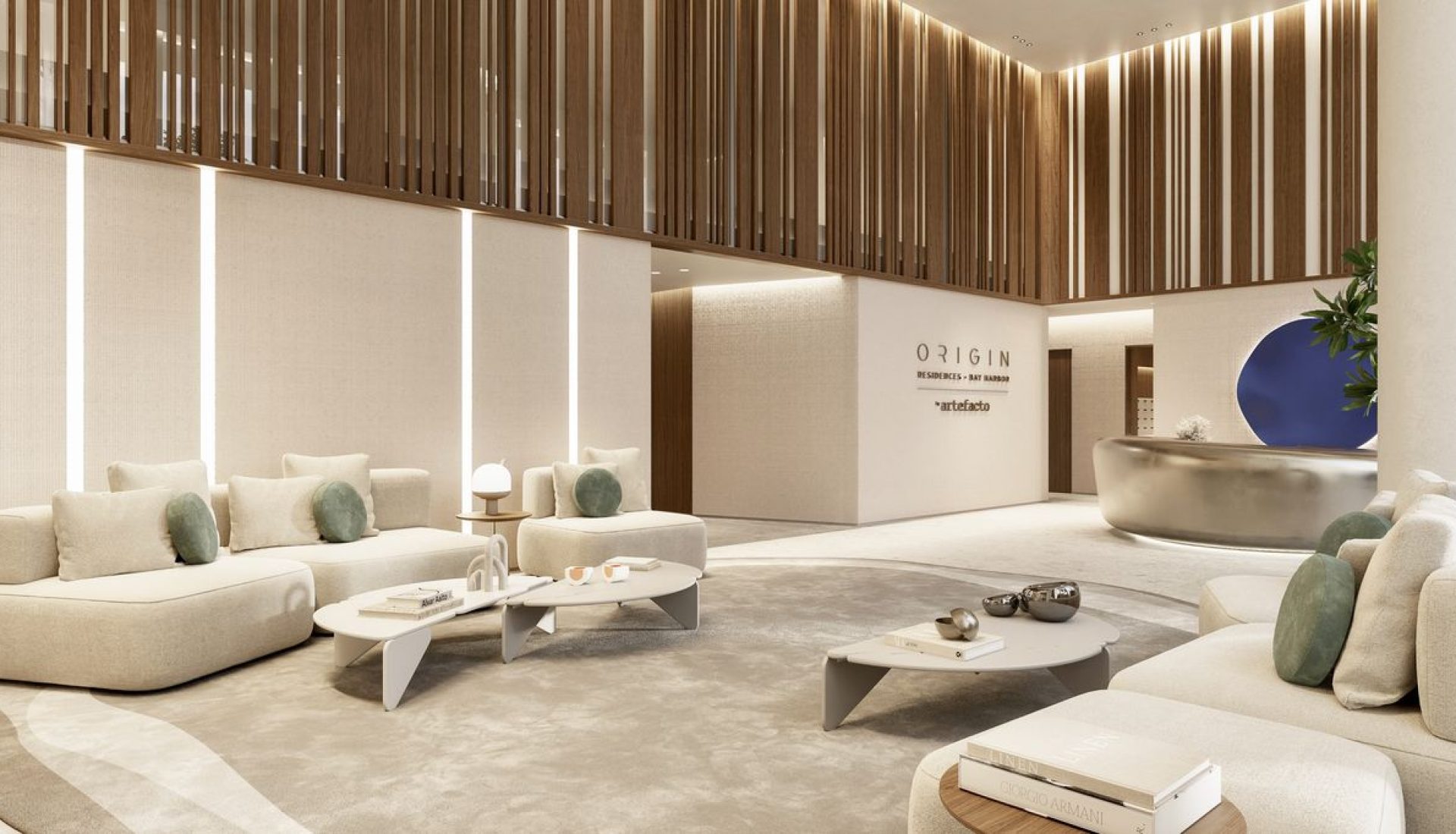 Luxurious beige hotel lobby with curved sofas, round white coffee tables, and warm wood slat ceiling.