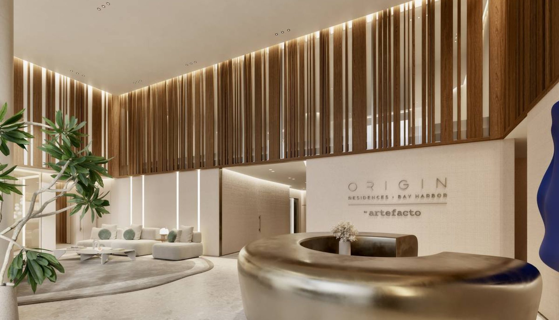 Luxurious hotel lobby with a curved bronze reception desk, wooden slat wall, and plush seating area.
