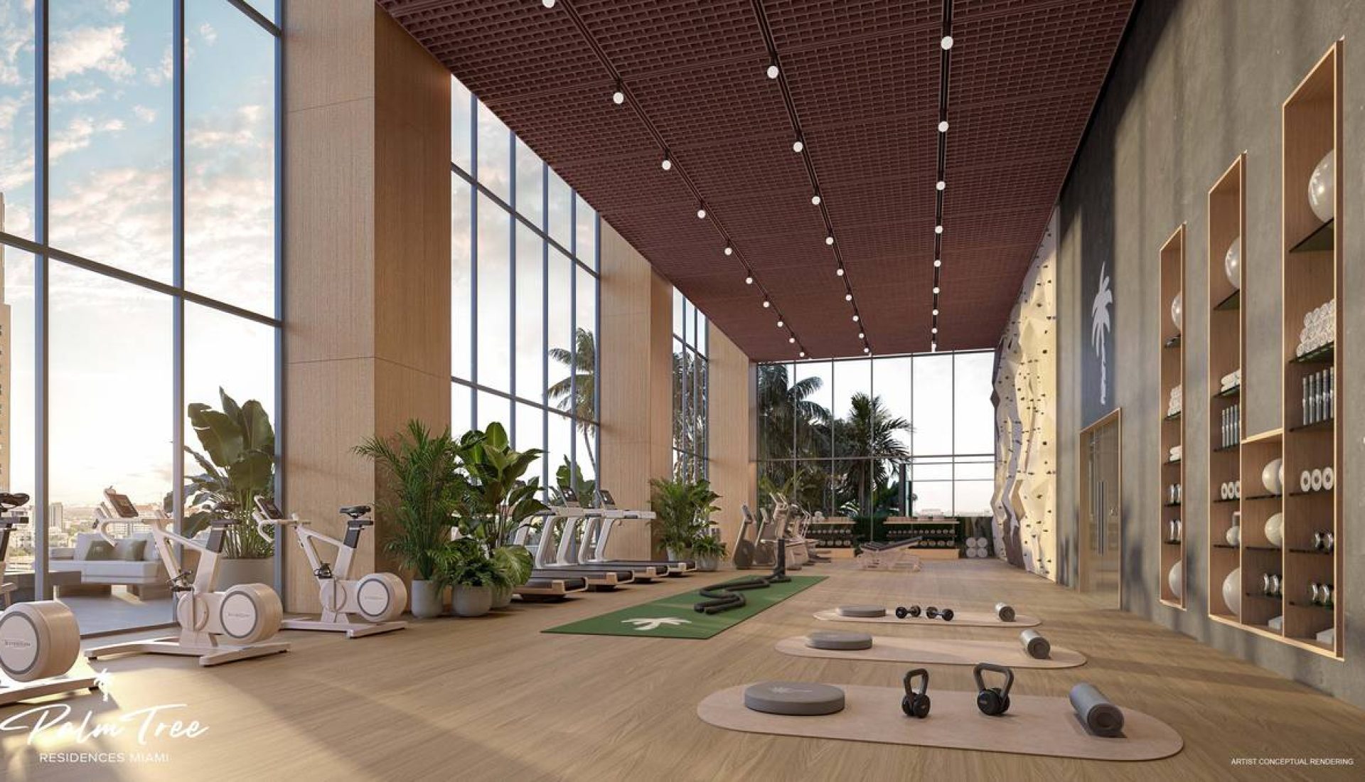 Bright glass-walled gym with cardio machines, mat areas, kettlebells, and potted plants along a wooden floor.