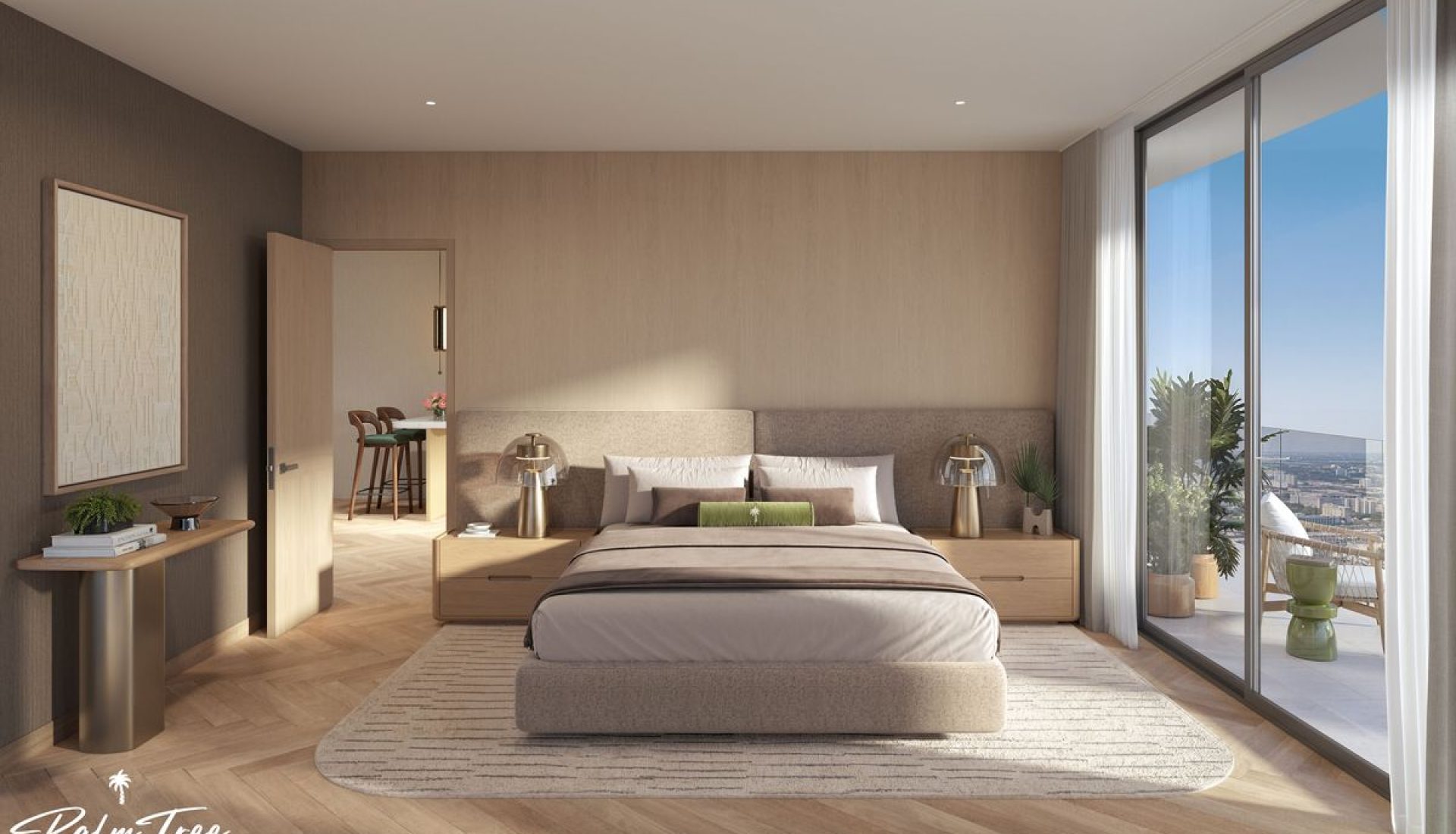 A modern hotel-style bedroom with a low upholstered bed, two nightstands, and large sliding glass doors to a balcony overlooking the city.