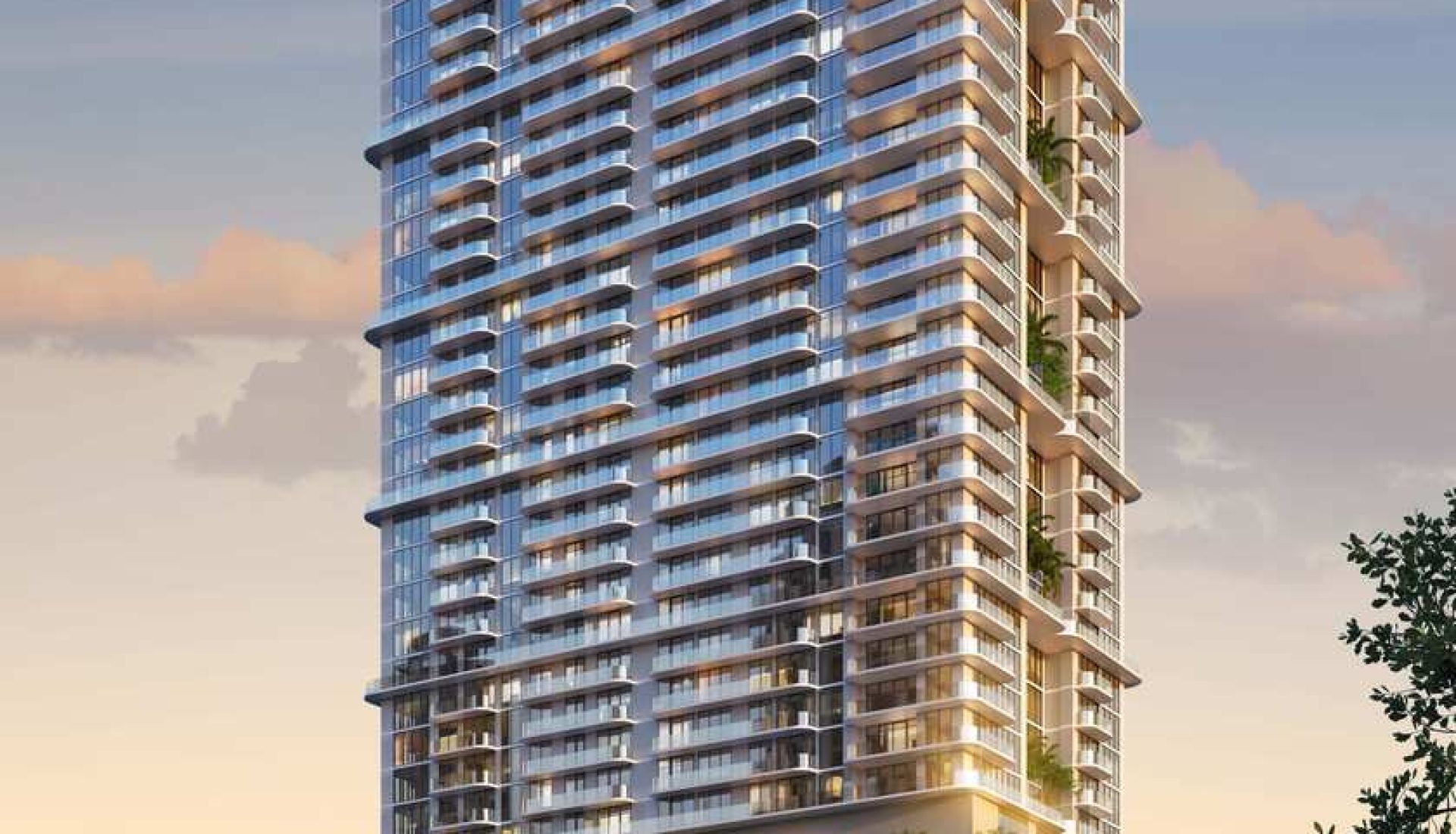 Rendering of a tall modern residential tower with glass balconies and greenery on a stepped podium at sunset, Palm Tree logo at the top.