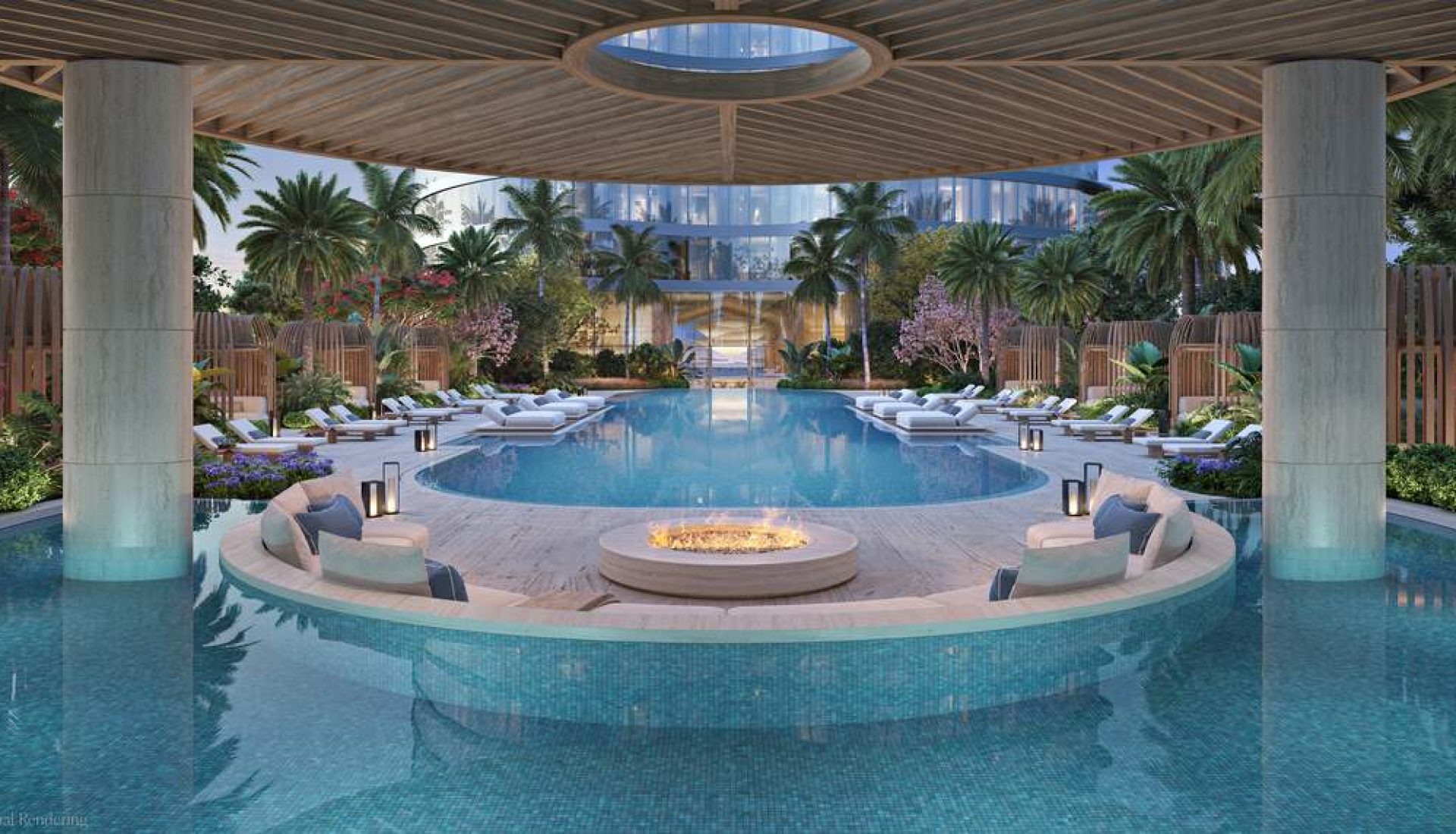 Luxurious resort pool with circular fire pit seating under a wooden canopy, surrounded by palm trees and lounge chairs.