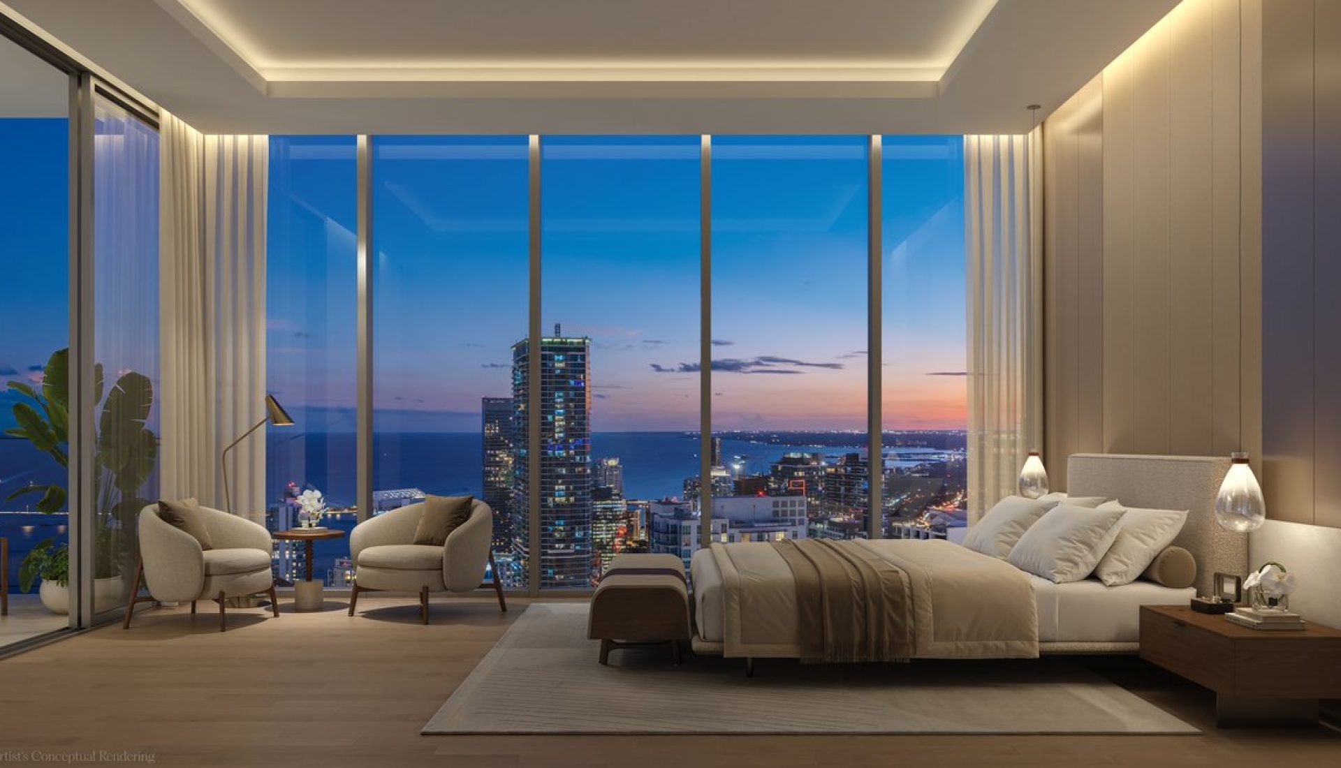 Luxurious hotel bedroom with floor‑to‑ceiling windows overlooking a city skyline at dusk and the sea beyond, beige bedding and warm lighting.