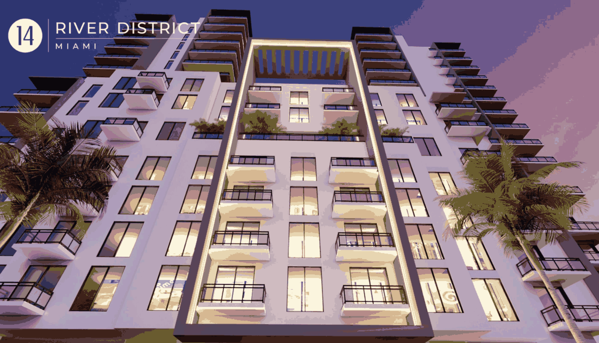 Facade of a modern high-rise residential building with numerous balconies, palm trees, and River District Miami branding in the top left corner.
