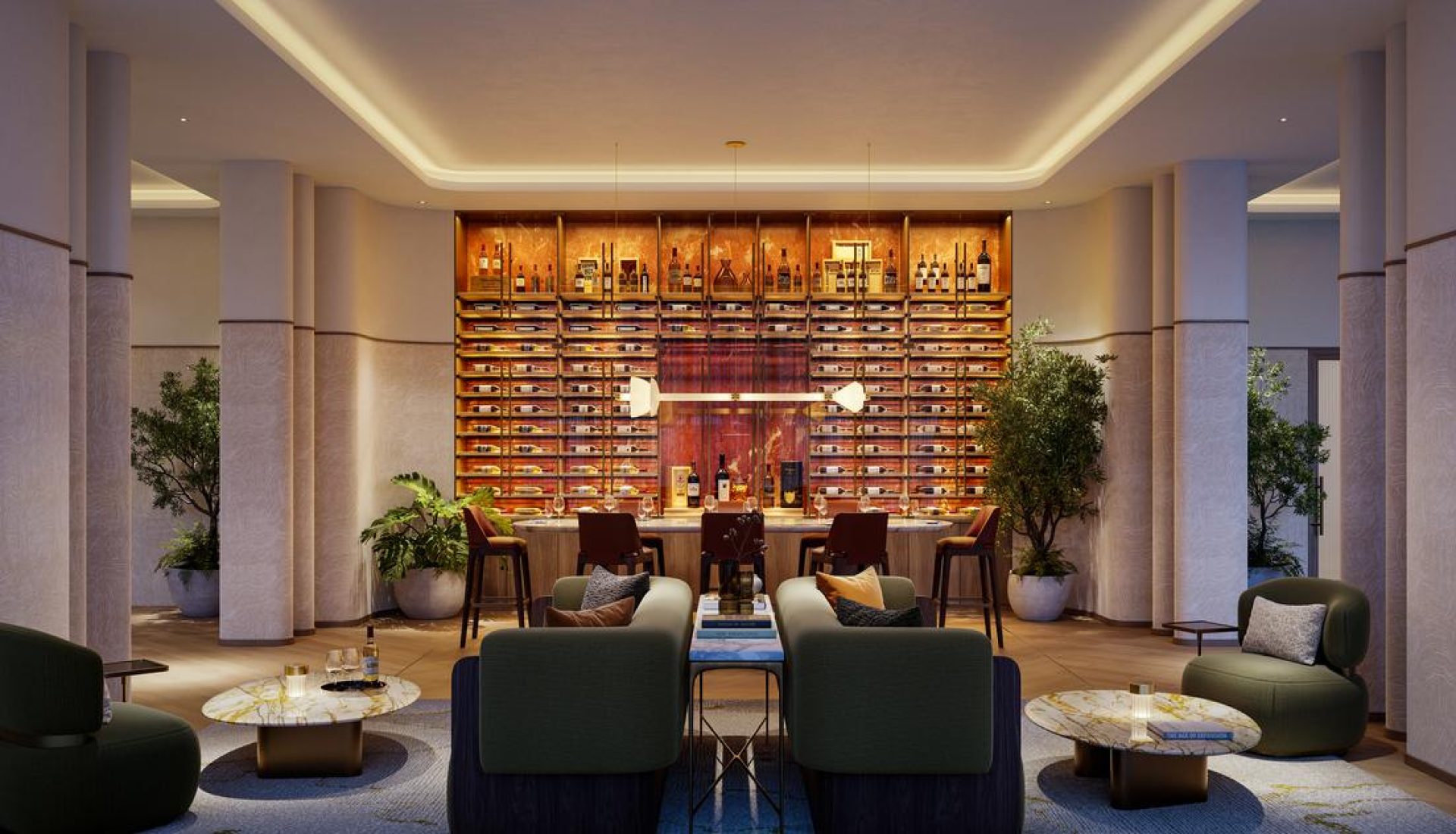 Elegant hotel lounge with a backlit wine wall, central bar, and green seating areas.