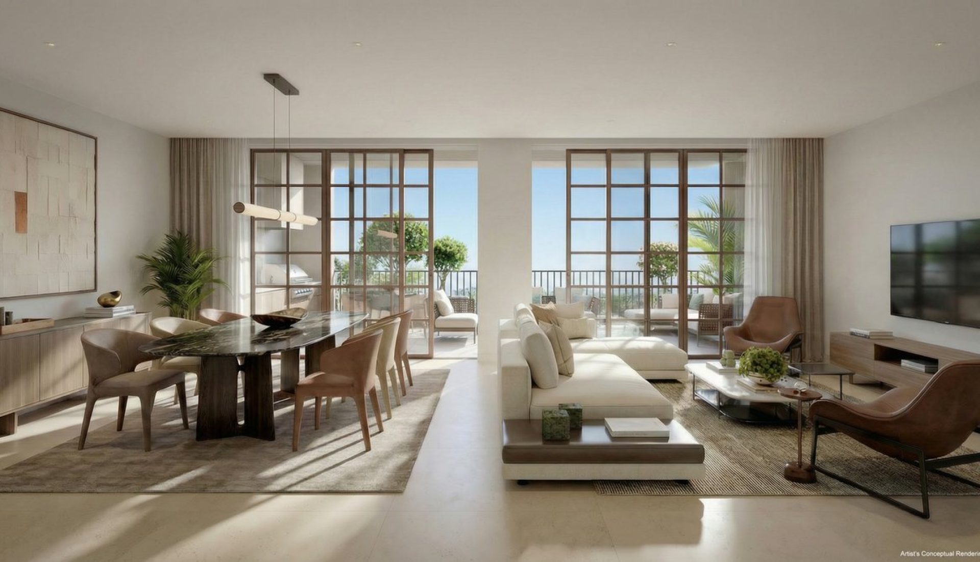 Bright open-plan living and dining room with a marble dining table, beige chairs, a white sectional sofa, and glass doors to a balcony overlooking the sea.