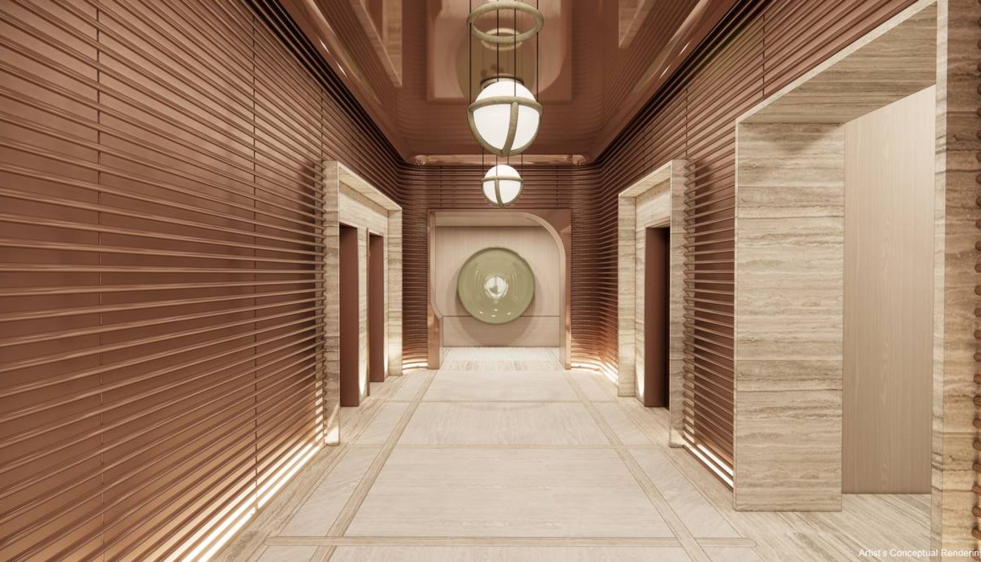 Long hallway with copper-brown slatted walls, marble columns, and circular hanging lights; a large round sculpture at the far end.