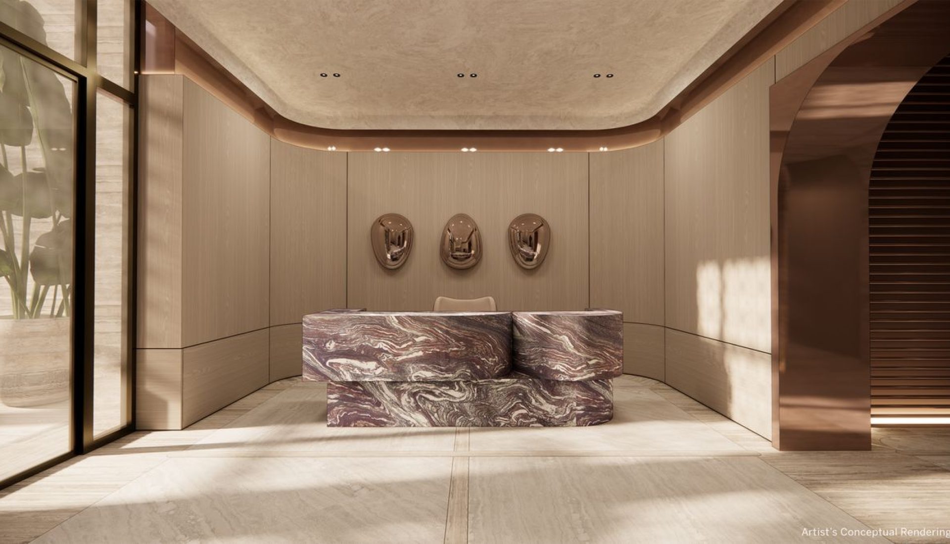 Modern hotel lobby reception with a curved purple marble desk, beige paneled walls, and three chrome wall fixtures behind it.