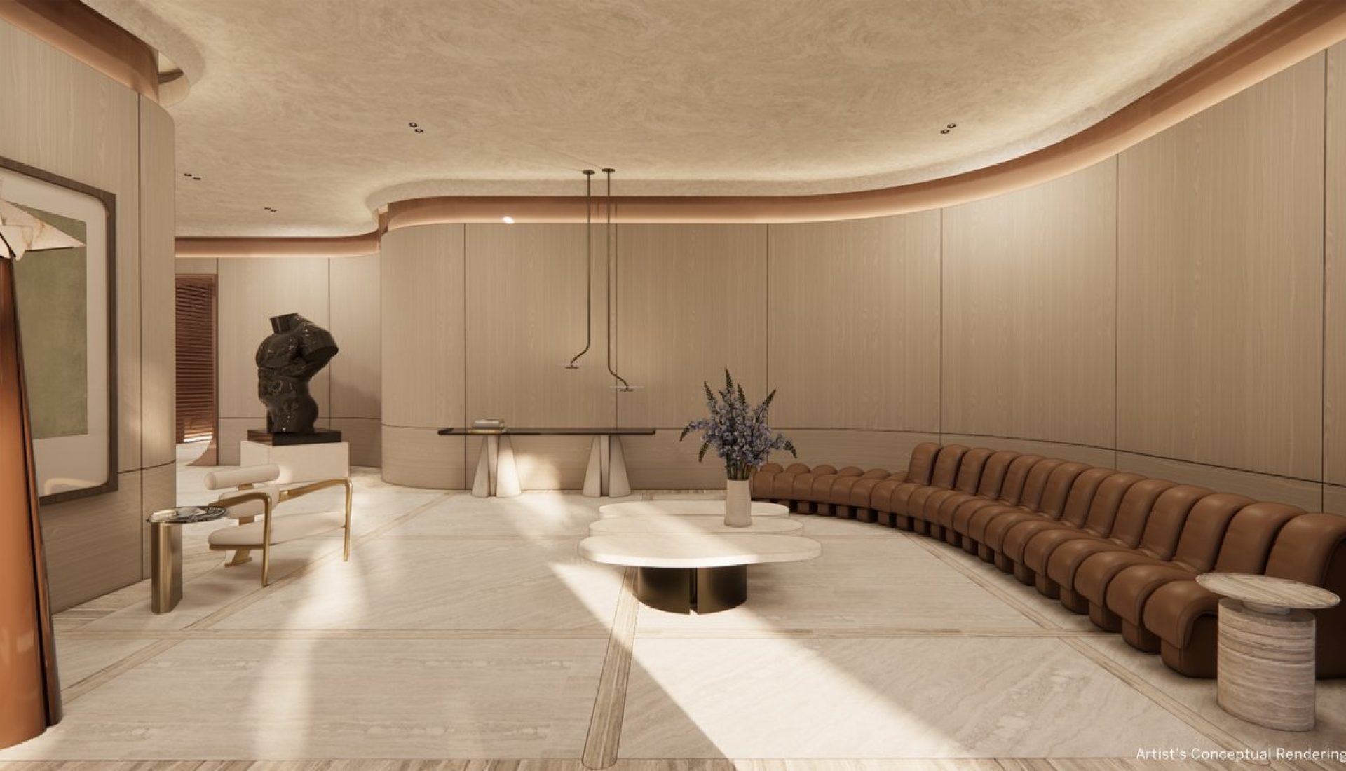 Concept rendering of a luxurious lobby with curved beige walls, brown leather seating, white marble tables, a central vase of purple flowers, and a sculpture to the left.
