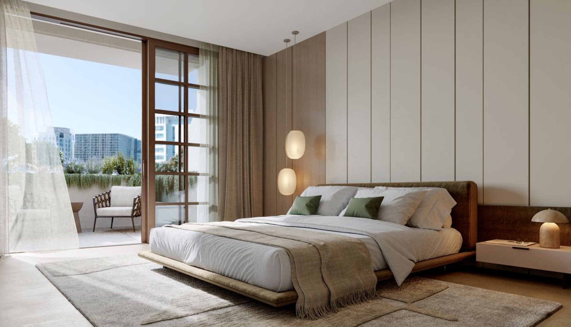 Bedroom with a low platform bed, neutral linens, and a balcony door showing city buildings outside.