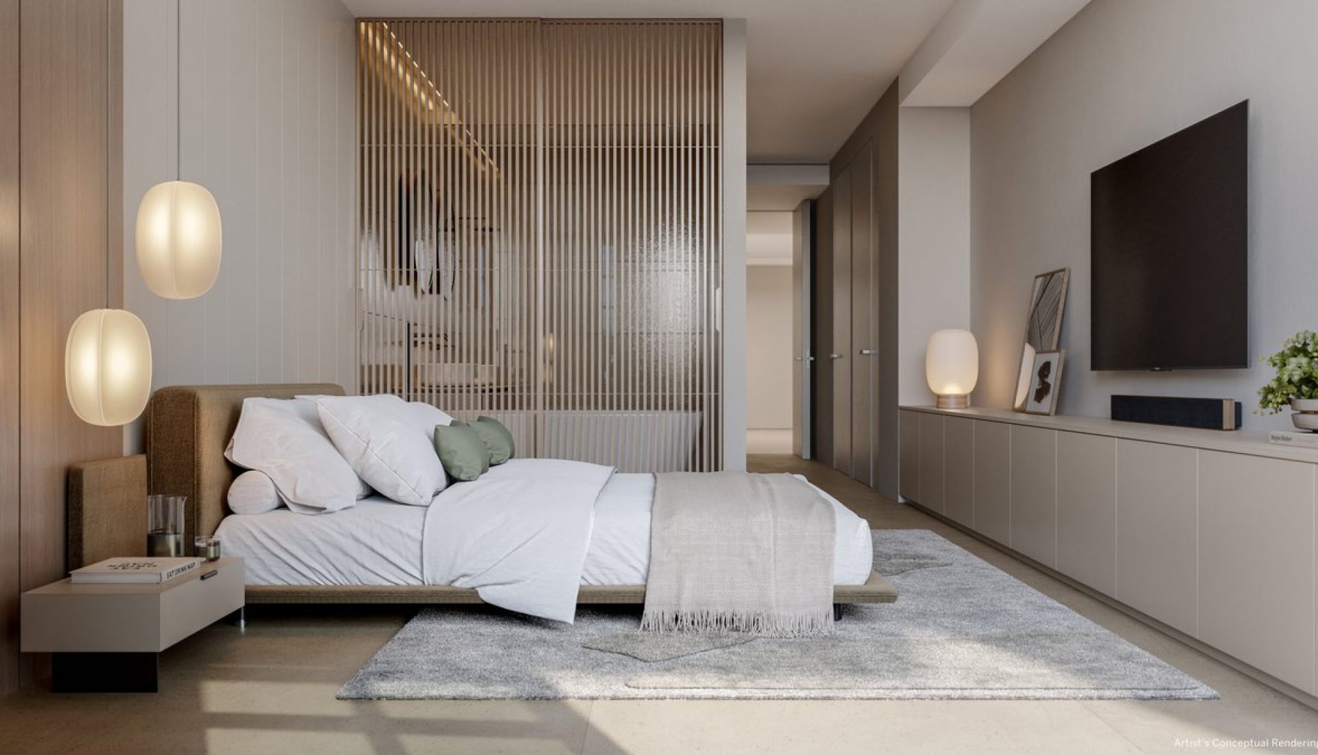 Modern minimalist bedroom with a low platform bed, white linens, and warm pendant lights beside a small nightstand.