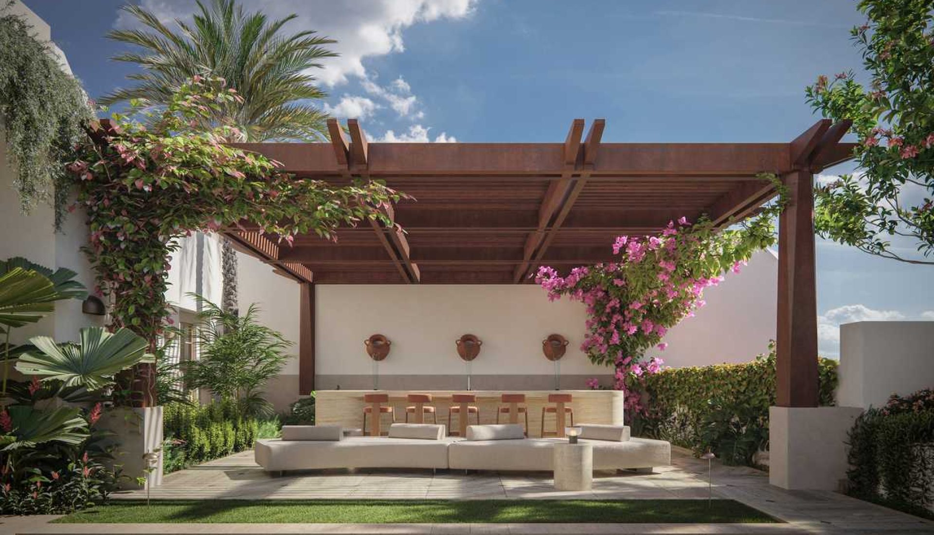 Outdoor lounge under a wooden pergola with pink bougainvillea, overlooking a rectangular pool in a sunny courtyard.