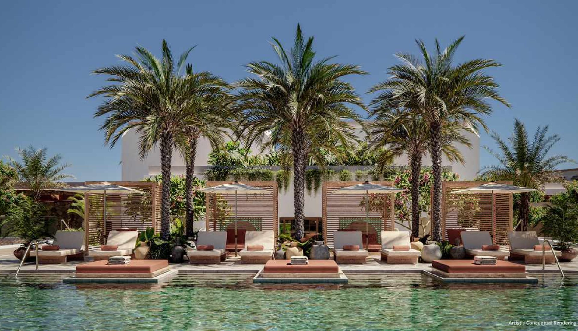 Poolside at a resort: palm trees, shaded cabanas, and white lounge chairs along a clear blue pool edge.