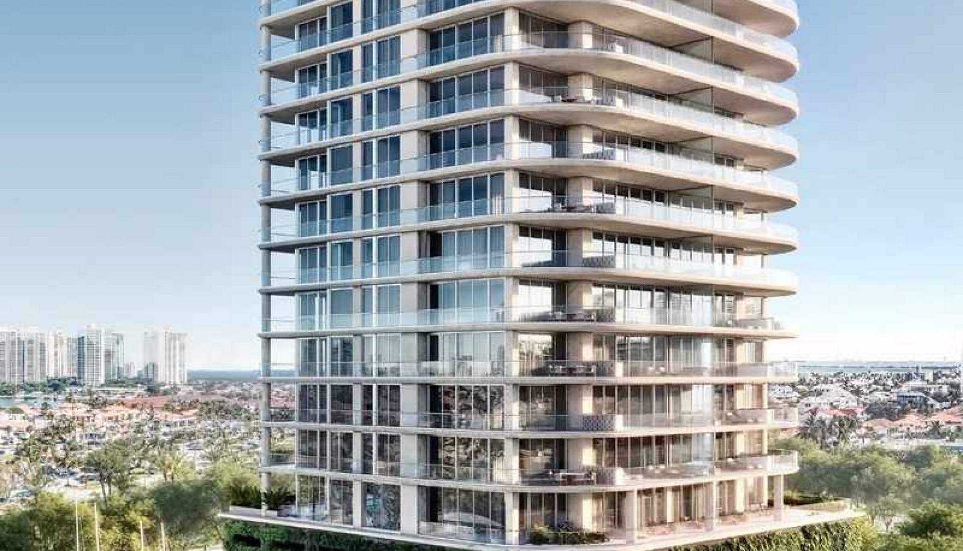 Modern multi-story apartment building with curved balconies atop a green ivy-covered podium by the marina.