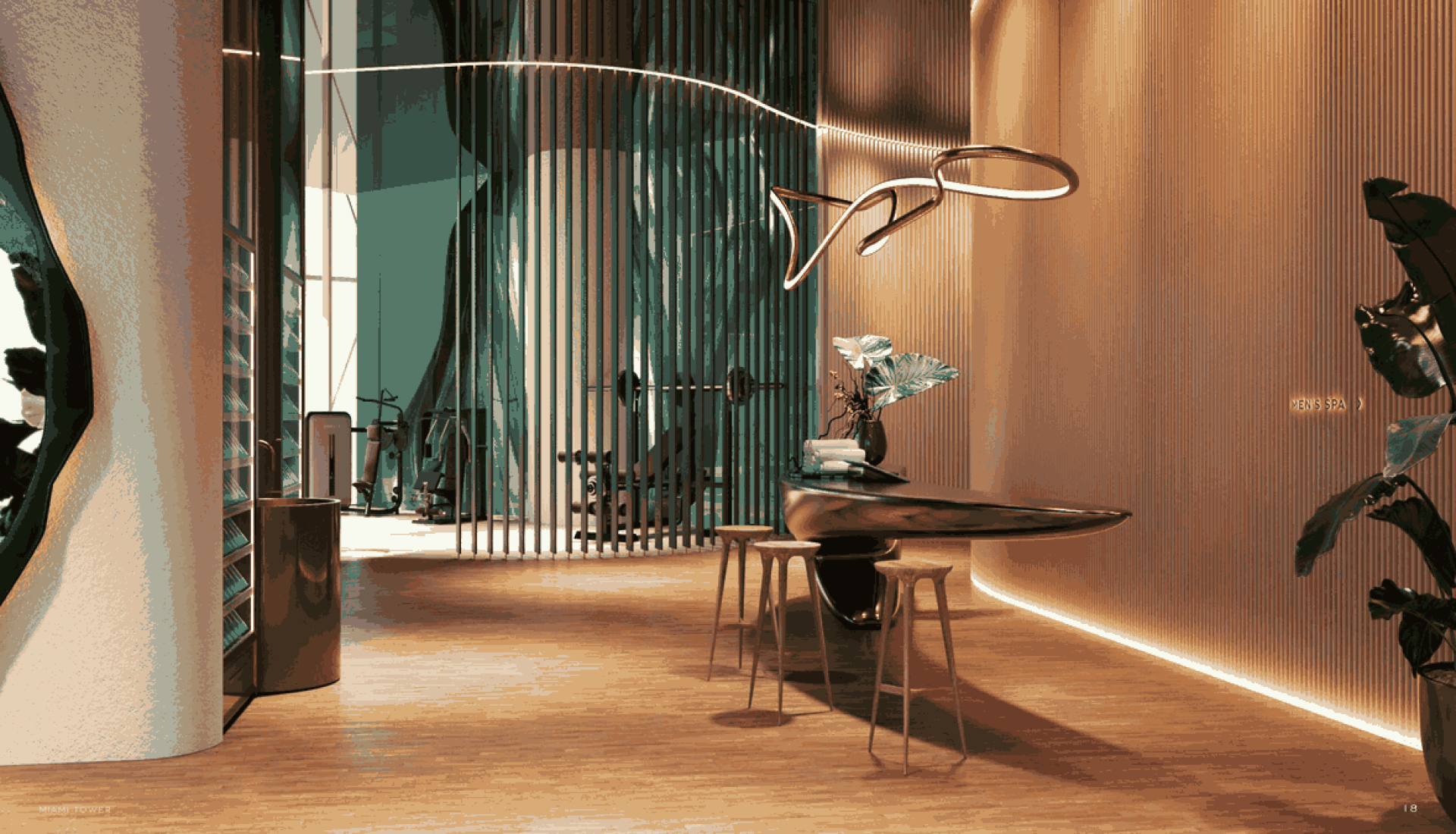 Modern spa lobby with a glossy oval table, three wooden stools, warm wood floors, and large plants. A sculptural light fixture hangs overhead.