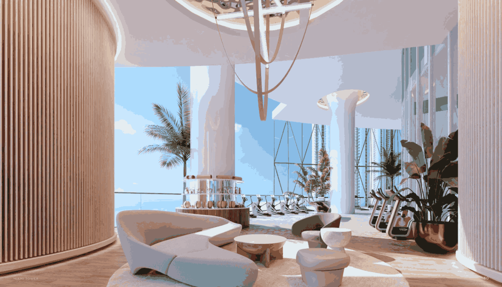 Bright, modern lounge area with curved white seating, wood slat walls, and large windows overlooking a blue sky and palm trees.”