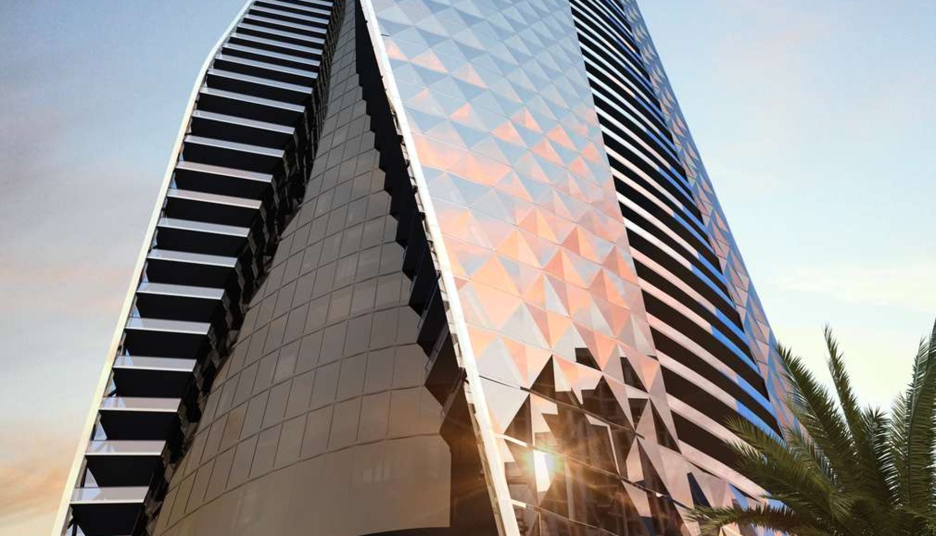 Futuristic glass skyscraper with a curved, diamond-pattern facade reflecting a sunset, palm trees in the foreground.