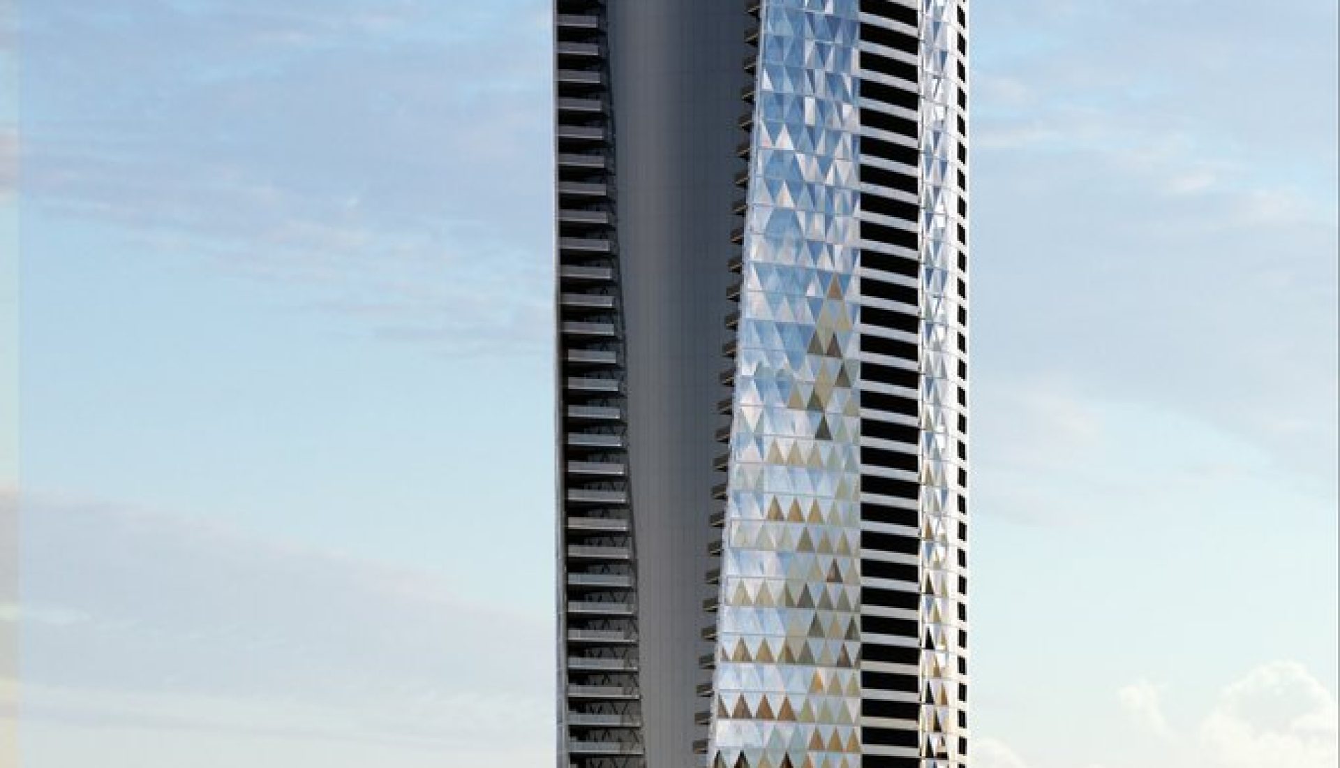 Tall curved glass skyscraper by the ocean, with a landscaped foreground and palm trees along the street.