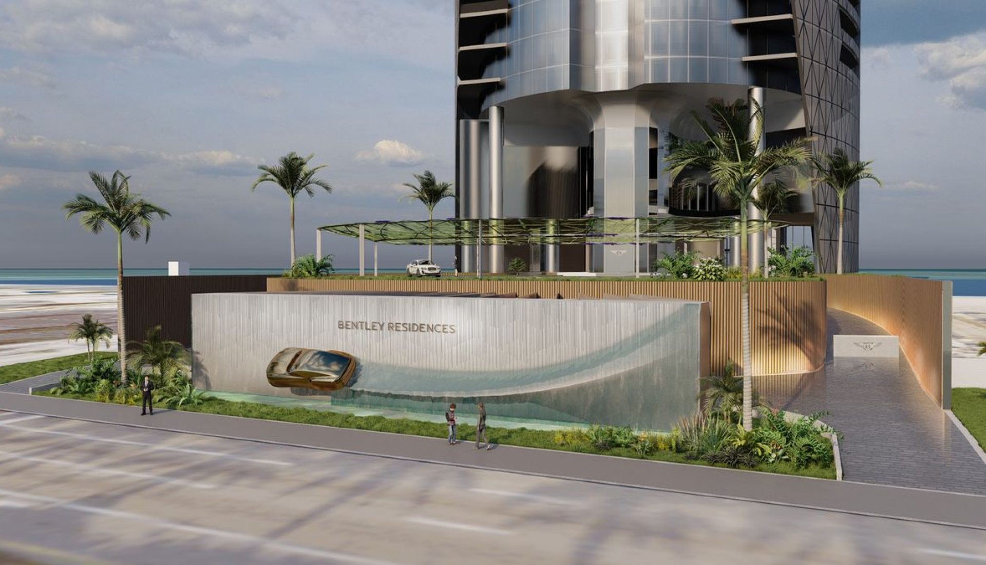 Rendering of Bentley Residences: a futuristic coastal high-rise with a water feature and a car sculpture at the entrance.