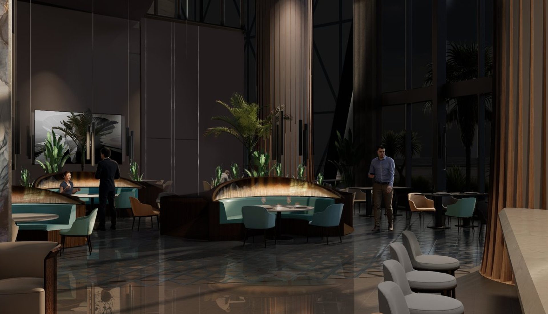 Nighttime lounge interior with circular seating booths, teal chairs, plants, and bar stools along a sleek counter; two men and a woman seated/standing, soft pendant lighting reflecting on polished floor.