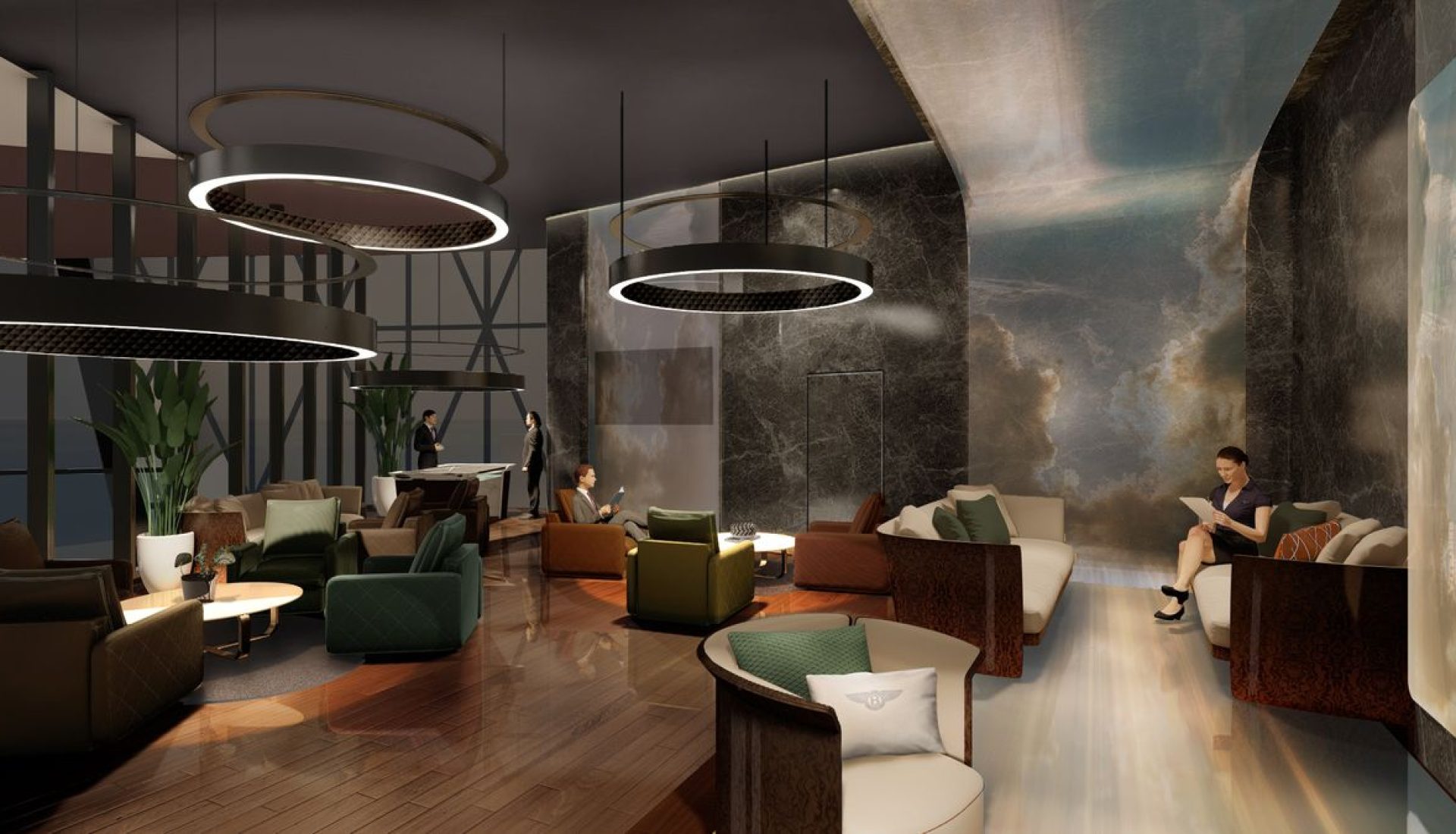 Contemporary hotel lobby lounge with circular pendant lights, marble walls, and mixed seating areas