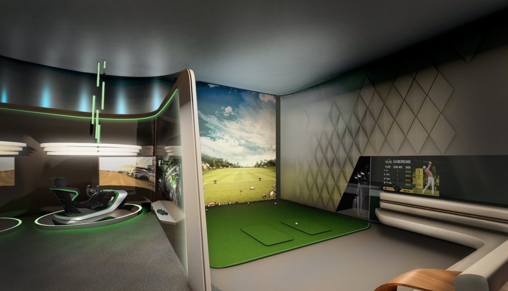 Indoor golf simulator with a large screen showing a driving range, a green turf mat, and futuristic seating on the left.