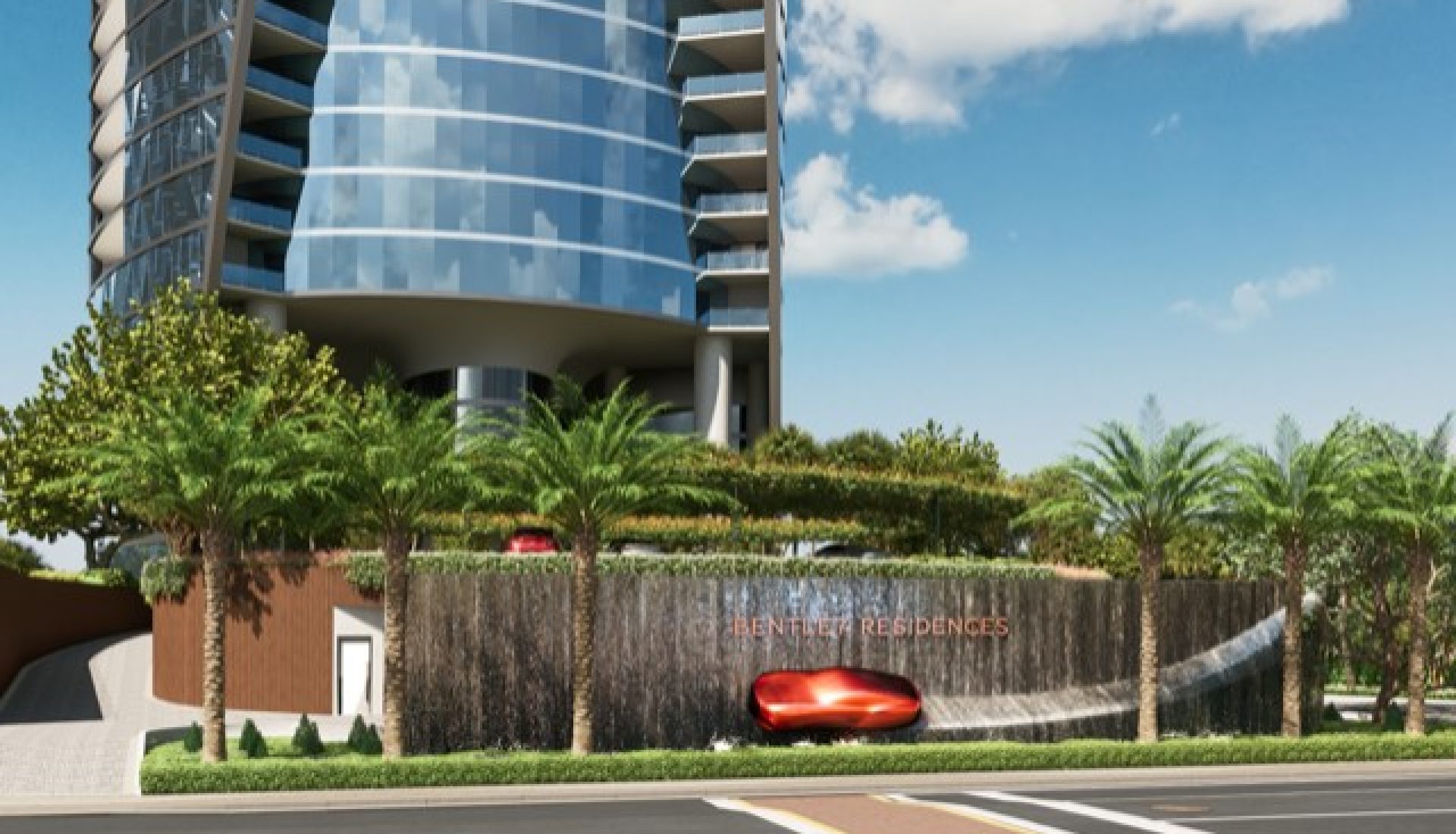 Glass high-rise with curved balconies, palm trees, and a red sports car parked by a stone wall labeled Bentley Residences.
