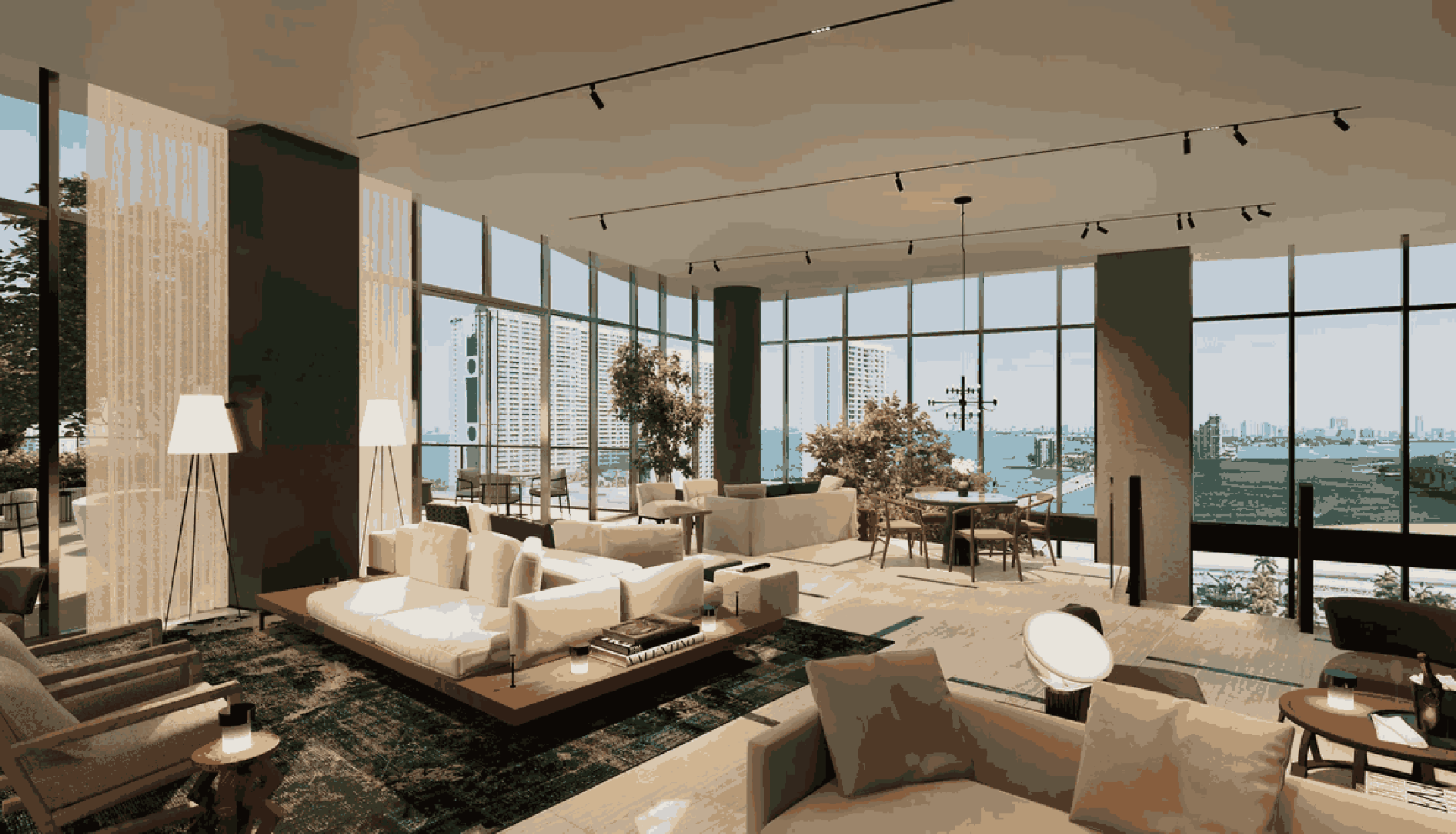 Luxurious open-concept living room with cream sofas, large windows, and a city skyline view over the water on a sunny day
