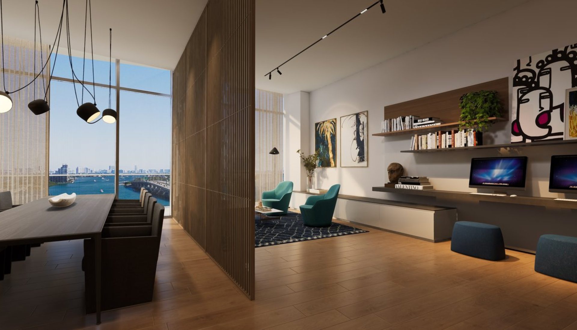 Open modern office with a long conference table on the left and teal seating area on the right, overlooking a city harbor at the window.