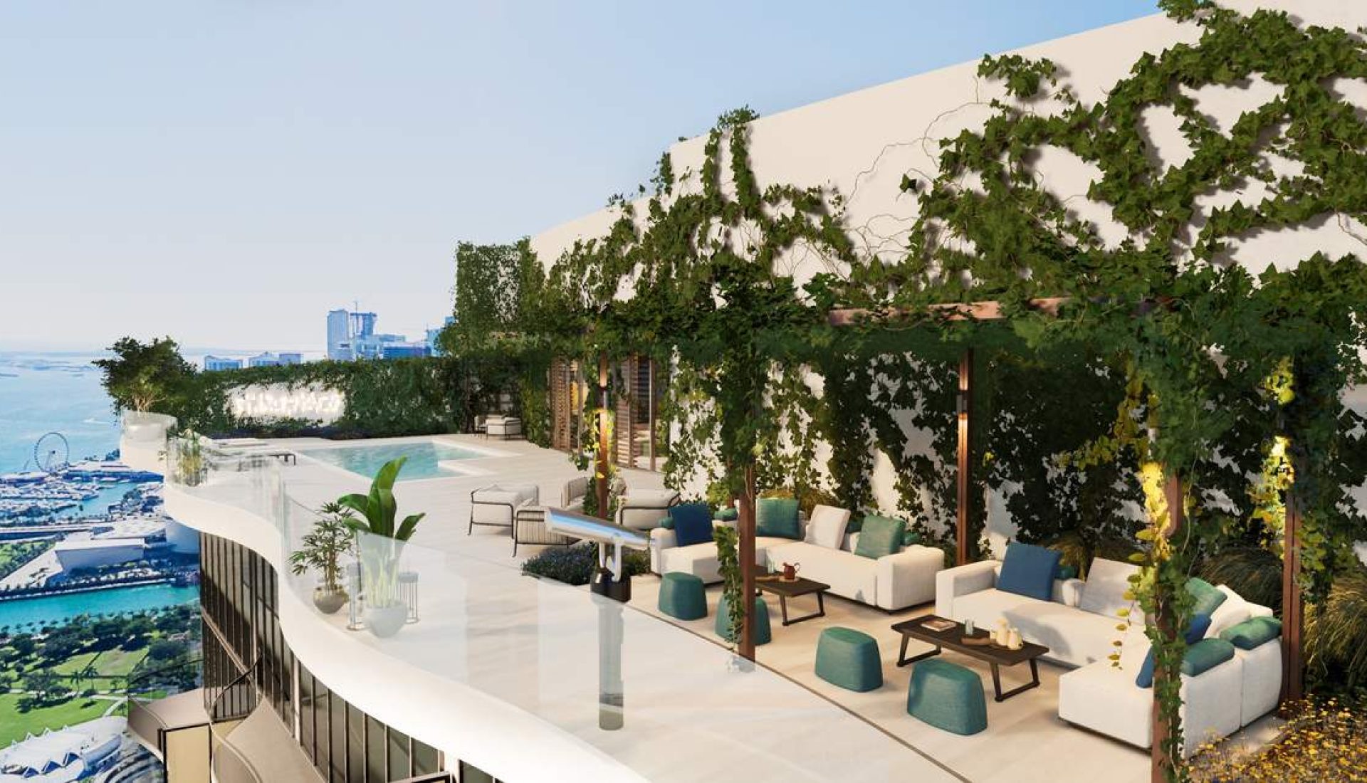 Luxurious rooftop terrace with white couches under a vine-covered pergola, overlooking the coastline and city skyline.