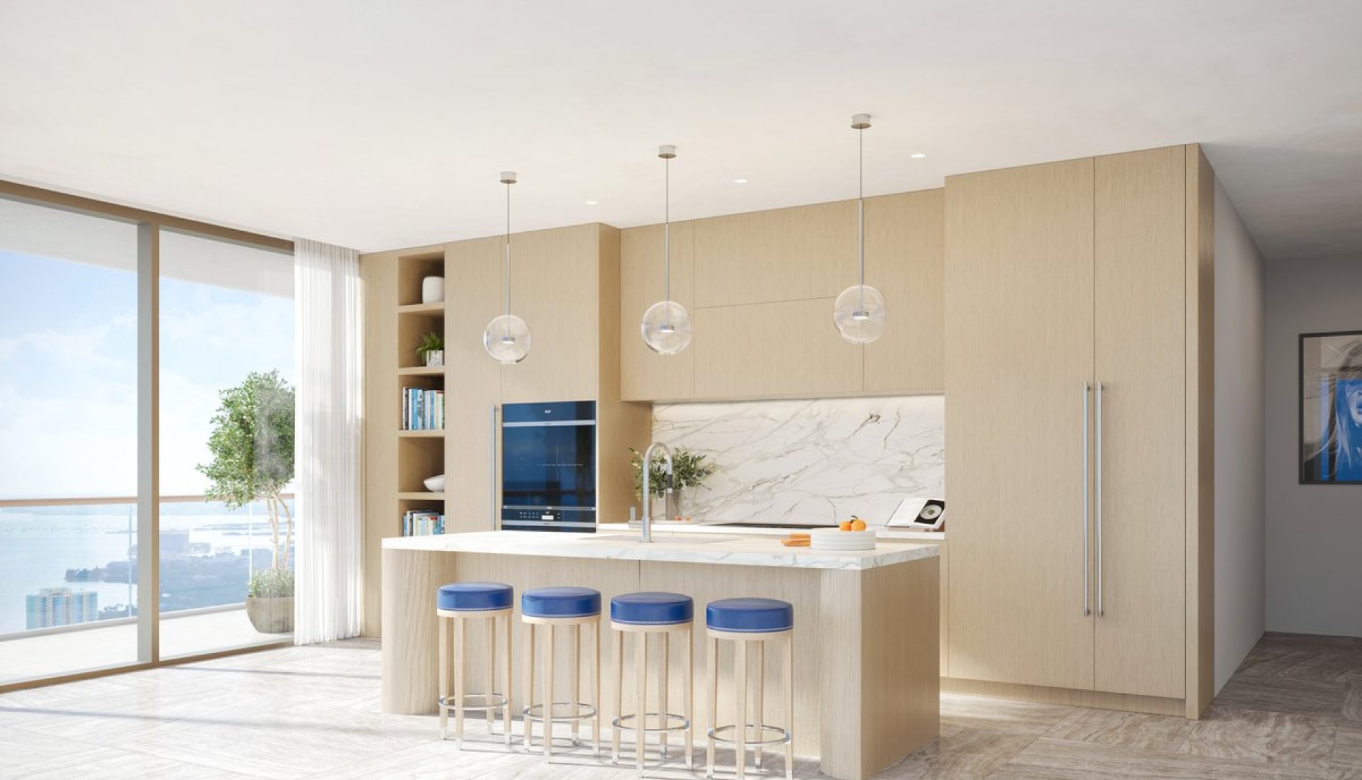 Open-concept kitchen with light wood cabinets, marble backsplash, an island with four blue-stooled seating, and a sea-view through floor-to-ceiling windows.