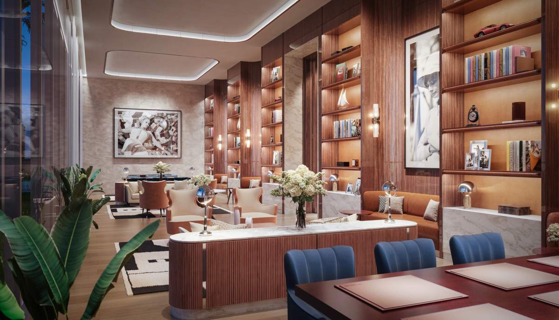 Luxurious hotel lounge with wood bookshelves, warm lighting, and multiple seating areas around marble counters and plants.