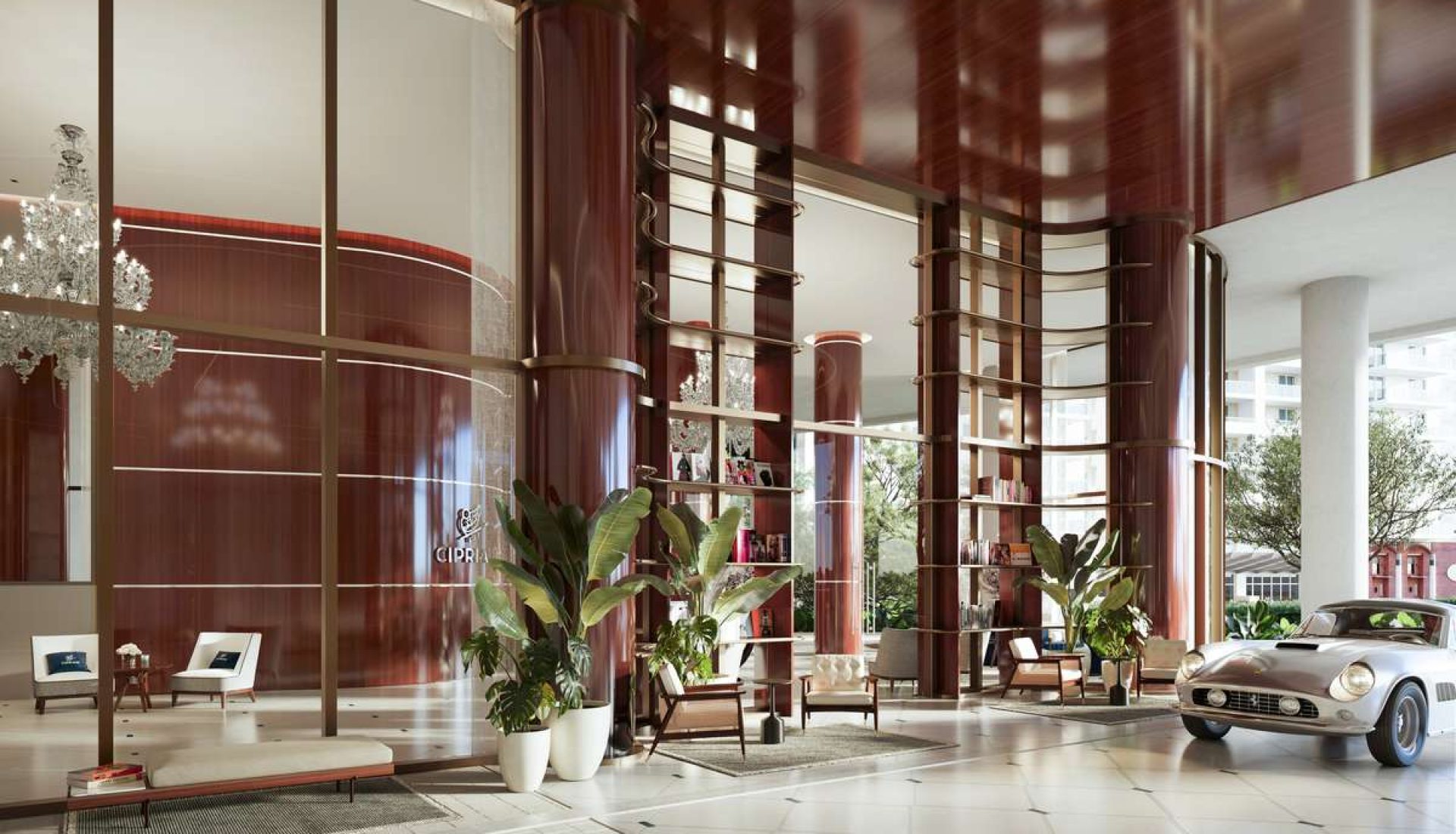 Elegant hotel lobby with red marble columns, woven benches, and large potted plants; a vintage silver convertible parked inside the entrance.