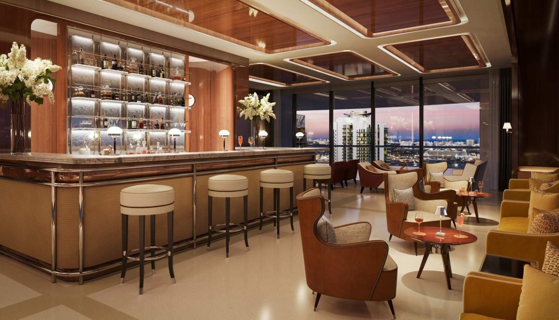 Luxurious hotel bar with a marble counter, high stools, and illuminated bottle shelves; city skyline visible through floor-to-ceiling windows at dusk.